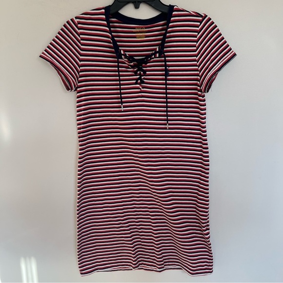 Polo Ralph Lauren Mini Shirt Dress Red Navy Stripe Tie Neck Preppy Size Small - Picture 1 of 10